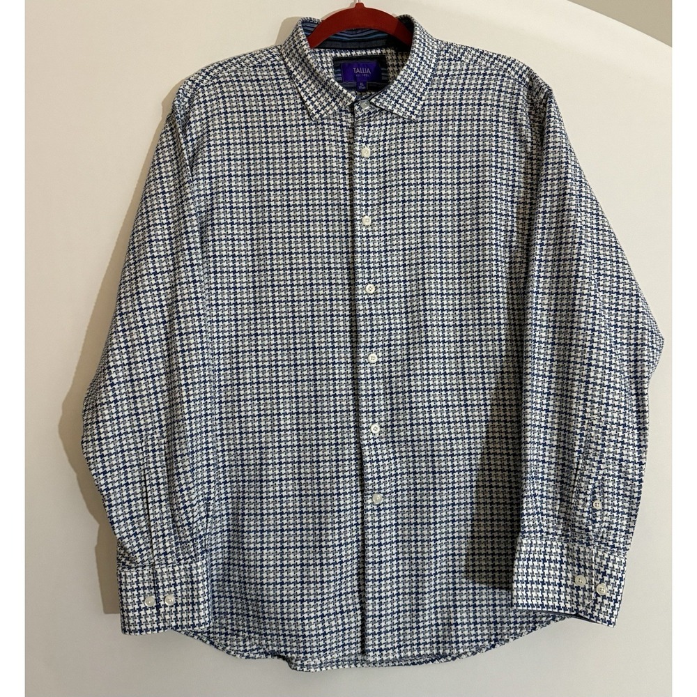 Tallia Mens XL Blue White Houndstooth Dress‎ Shirt Long Sleeve Button Front